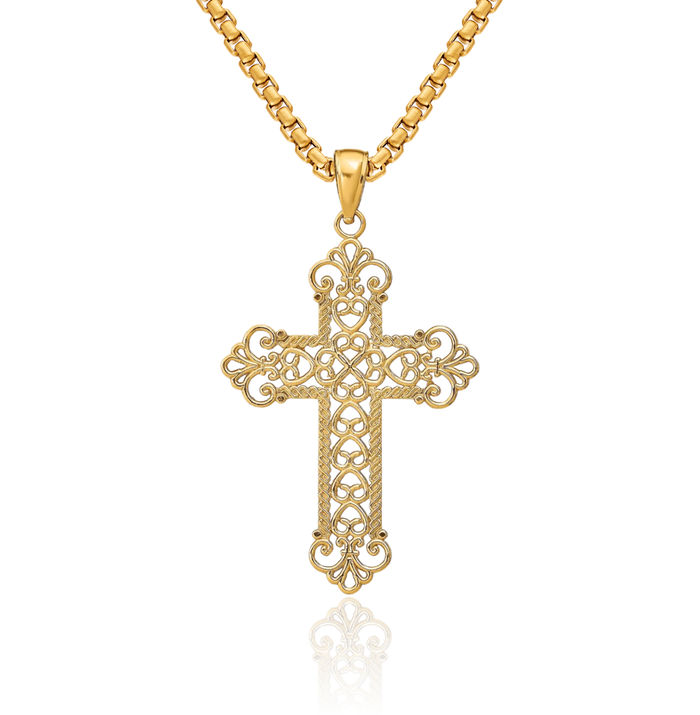 14K Solid Yellow Gold Rope Antique Filigree Holy Cross Necklace Religious Chain Pendant Jesus Christ Charm