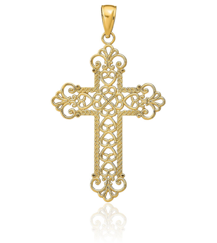 14K Solid Yellow Gold Rope Antique Filigree Holy Cross Necklace Religious Chain Pendant Jesus Christ Charm