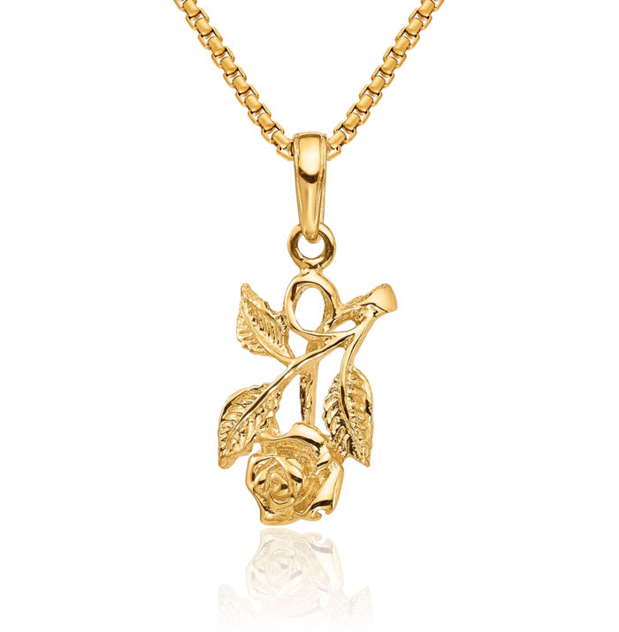 14K Solid Yellow Gold Rose Flower Necklace Chain Pendant Charm