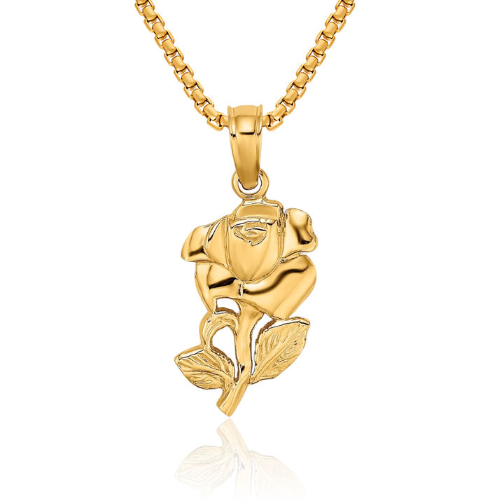 14K Solid Yellow Gold Rose Flower Necklace Chain Pendant Charm
