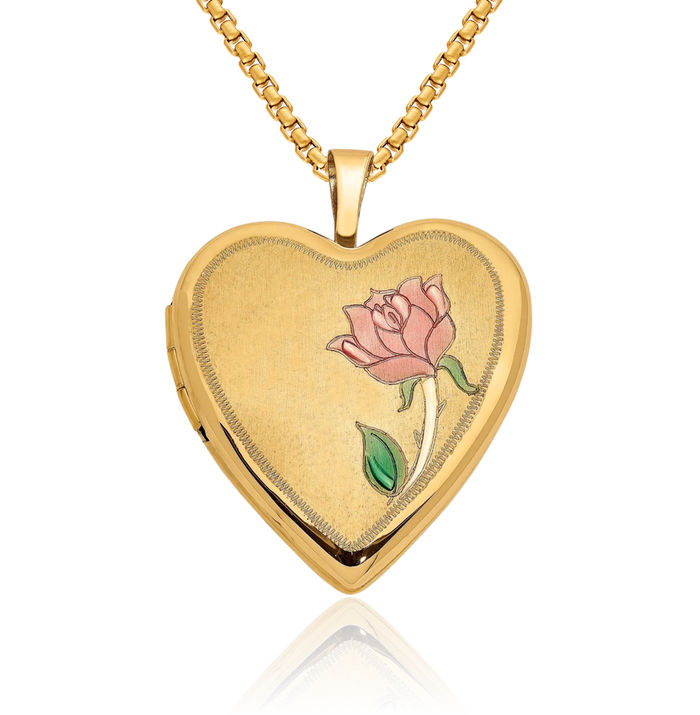 14K Solid Yellow Gold Rose Heart Locket Necklace Chain Pendant Charm