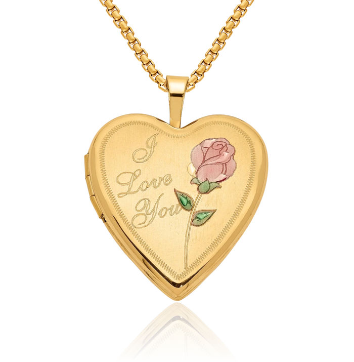 14K Solid Yellow Gold Rose I Love You Heart Personalized Photo Locket Necklace Picture Pendant Charm