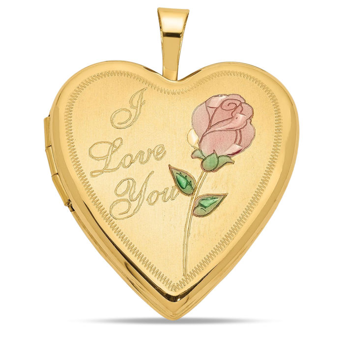 14K Solid Yellow Gold Rose I Love You Heart Personalized Photo Locket Necklace Picture Pendant Charm