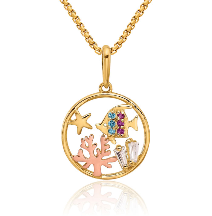 14K Solid Yellow Gold Rose Multi-color Cubic Zirconia CZ Sea Life Necklace Chain Pendant Charm