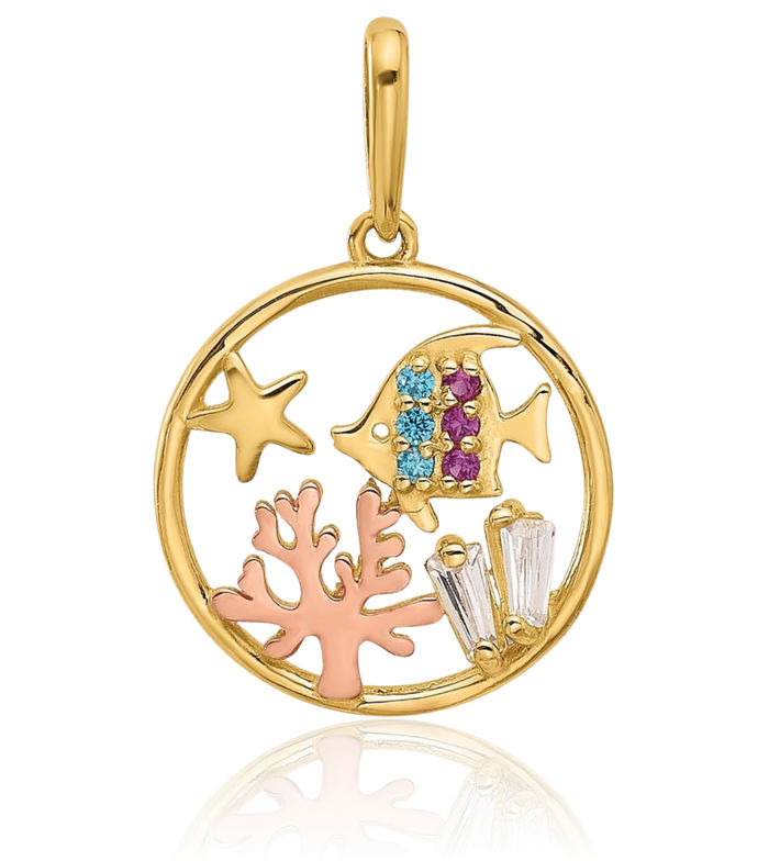 14K Solid Yellow Gold Rose Multi-color Cubic Zirconia CZ Sea Life Necklace Chain Pendant Charm