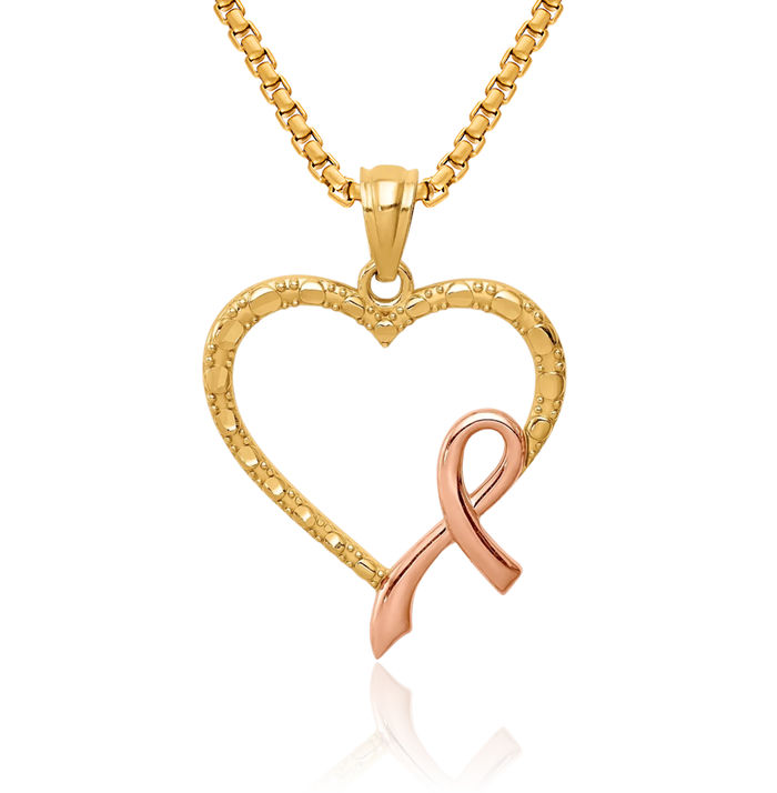 14K Solid Yellow Gold Rose Pink Breast Cancer Awareness Ribbon Heart Necklace Love Pendant Charm