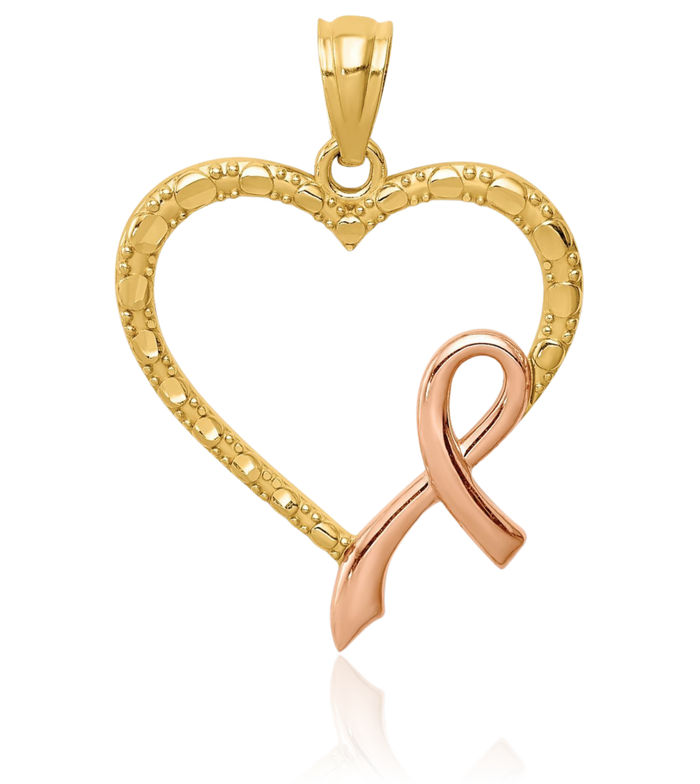 14K Solid Yellow Gold Rose Pink Breast Cancer Awareness Ribbon Heart Necklace Love Pendant Charm