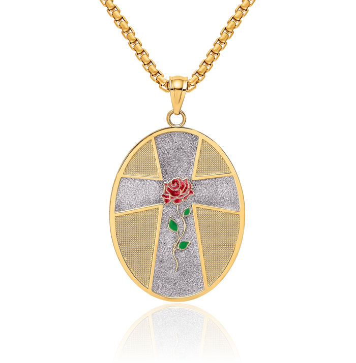 14K Solid Yellow Gold Rose Serenity Prayer Oval Disc Medal Necklace Chain Pendant Charm