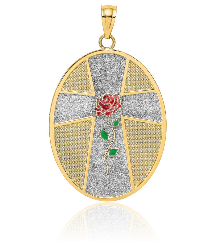 14K Solid Yellow Gold Rose Serenity Prayer Oval Disc Medal Necklace Chain Pendant Charm