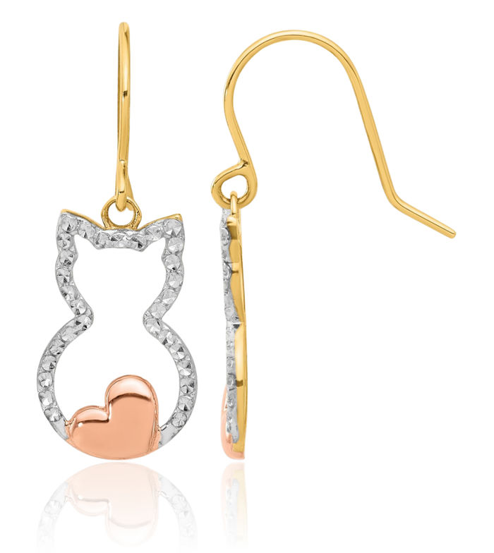 14K Solid Yellow Gold Rose White Cat Drop Dangle Earrings