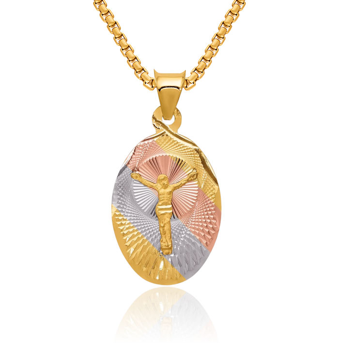 14K Solid Yellow Gold Rose White Corpus Jesus Christ Oval Necklace Religious Chain Pendant Christian Faith Charm