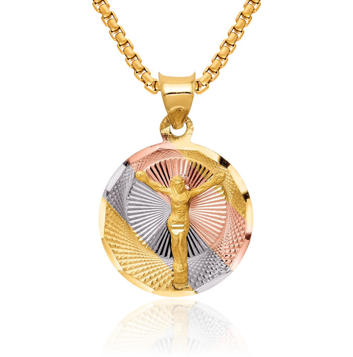 14K Solid Yellow Gold Rose White Corpus Jesus Christ Circle Round Necklace Religious Chain Pendant Christian Faith Charm