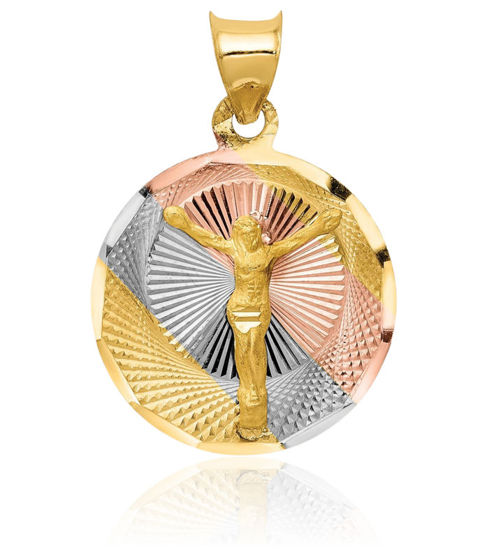 14K Solid Yellow Gold Rose White Corpus Jesus Christ Circle Round Necklace Religious Chain Pendant Christian Faith Charm