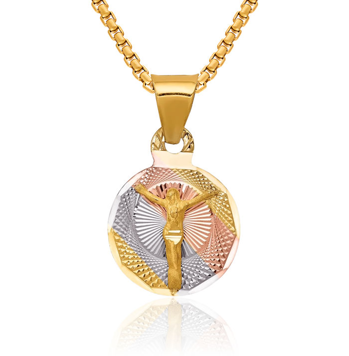 14K Solid Yellow Gold Rose White Corpus Jesus Christ Circle Round Necklace Religious Chain Pendant Christian Faith Charm