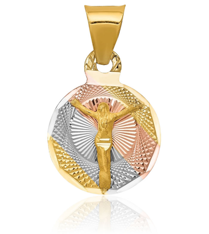 14K Solid Yellow Gold Rose White Corpus Jesus Christ Circle Round Necklace Religious Chain Pendant Christian Faith Charm