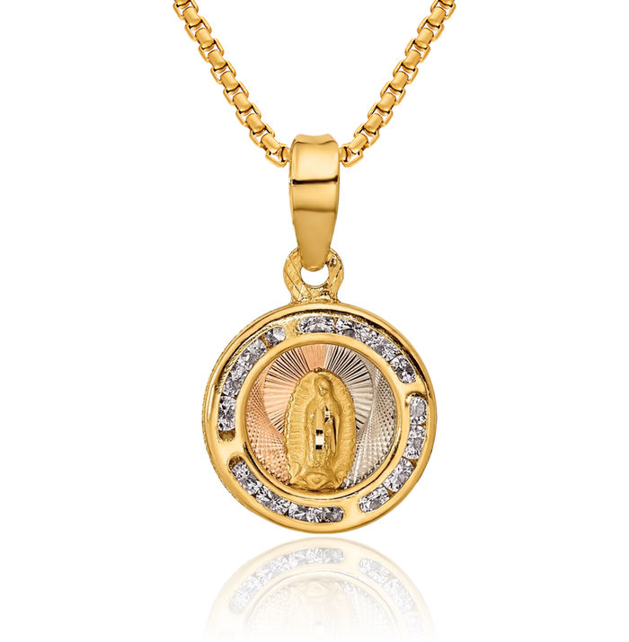 14K Solid Yellow Gold Rose White Cubic Zirconia CZ Blessed Mother Mary Round Medal Necklace Chain Pendant Charm