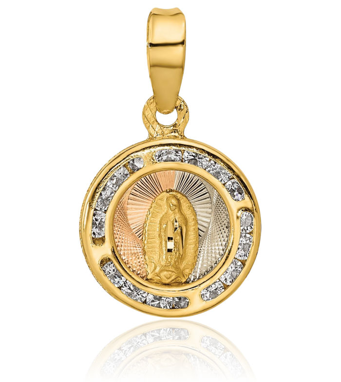 14K Solid Yellow Gold Rose White Cubic Zirconia CZ Blessed Mother Mary Round Medal Necklace Chain Pendant Charm