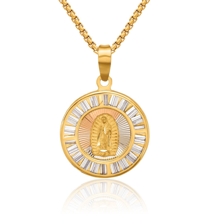 14K Solid Yellow Gold Rose White Cubic Zirconia CZ Blessed Mother Mary Round Medal Necklace Chain Pendant Charm