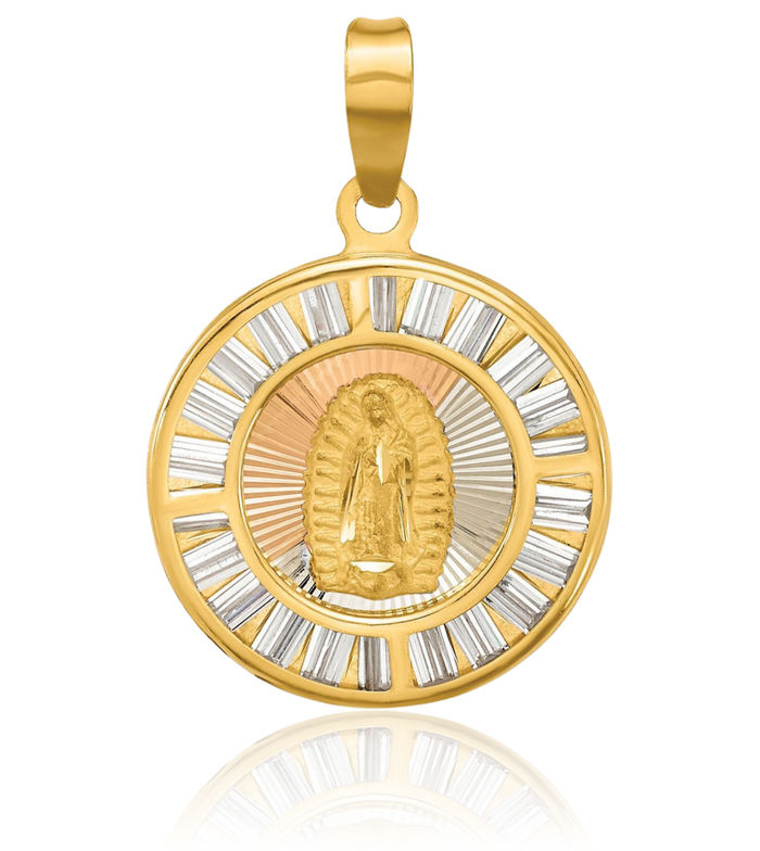 14K Solid Yellow Gold Rose White Cubic Zirconia CZ Blessed Mother Mary Round Medal Necklace Chain Pendant Charm