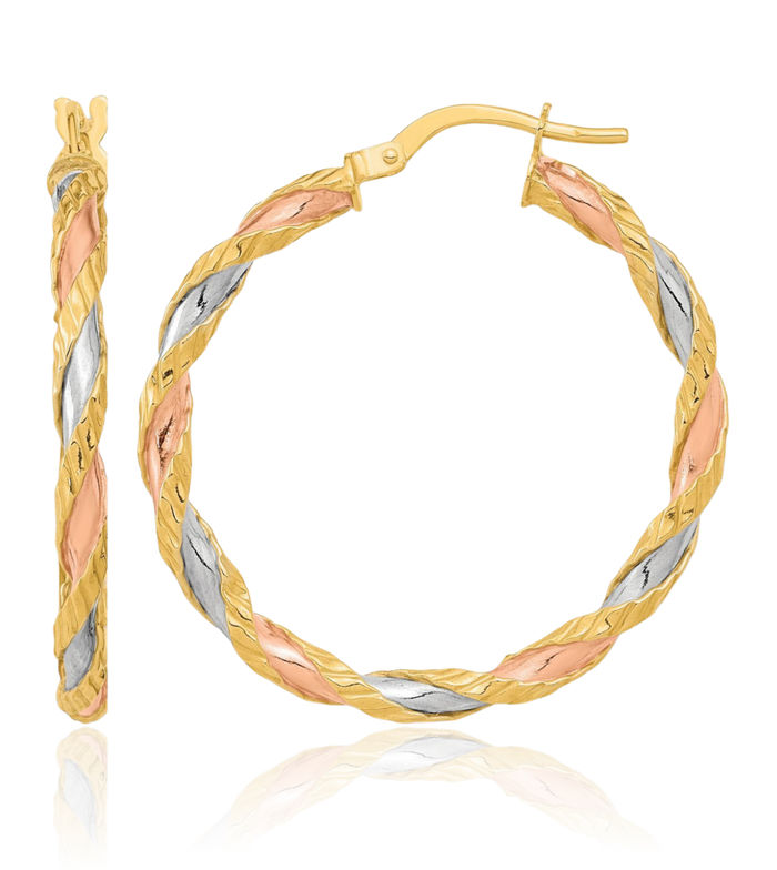 14K Solid Yellow Gold Rose White Twisted Round Medium Hoop Earrings