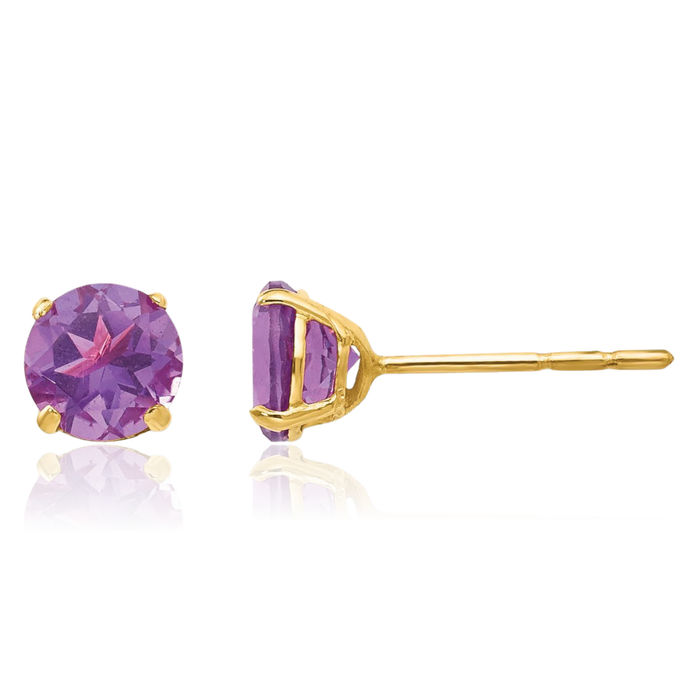 14K Solid Yellow Gold Round Purple Amethyst 5mm Studs Gemstone Earrings February Birthstone Jewelry