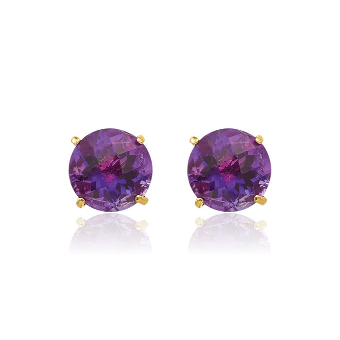 14K Solid Yellow Gold Round Purple Amethyst 6mm Studs Gemstone Earrings February Birthstone Jewelry