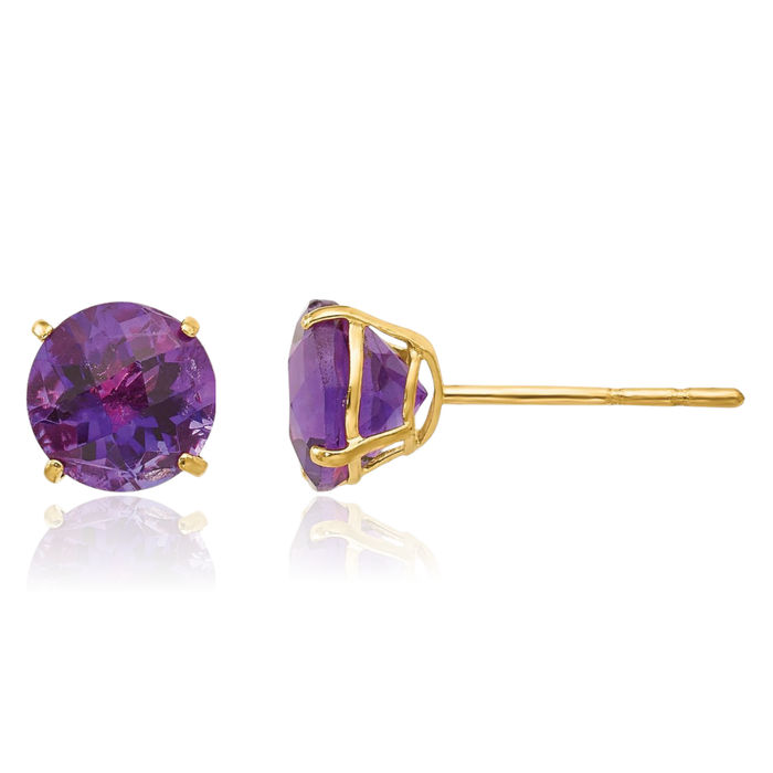 14K Solid Yellow Gold Round Purple Amethyst 6mm Studs Gemstone Earrings February Birthstone Jewelry