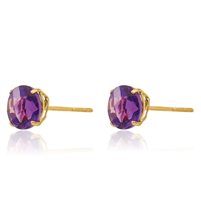 14K Solid Yellow Gold Round Purple Amethyst 6mm Studs Gemstone Earrings February Birthstone Jewelry