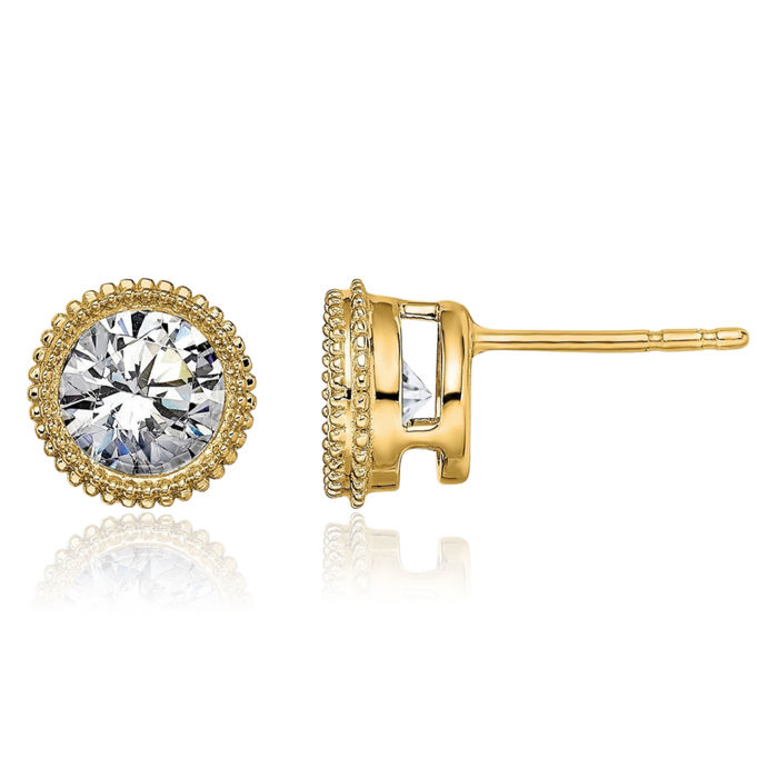 14K Solid Yellow Gold Round Beaded Moissanite Stud Earrings