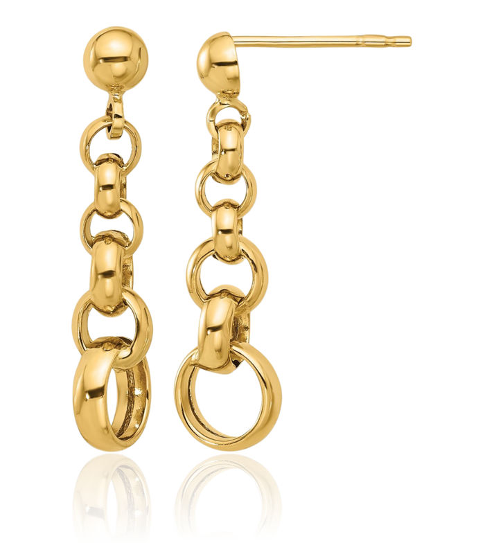 14K Solid Yellow Gold Circle Round Chain Link Drop Dangle Earrings