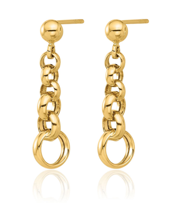 14K Solid Yellow Gold Circle Round Chain Link Drop Dangle Earrings