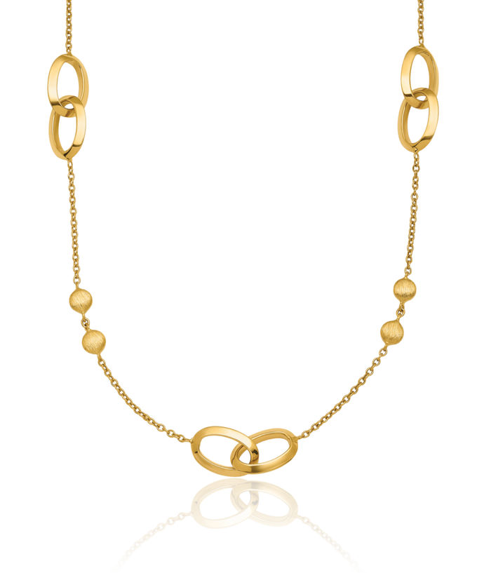 14K Solid Yellow Gold Round Circle Ovals Station Chain Necklace