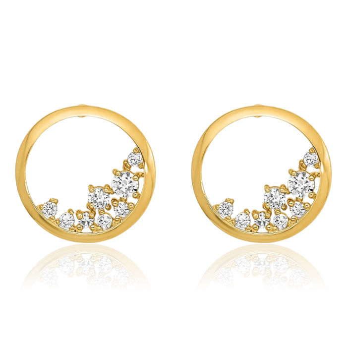 14K Solid Yellow Gold Circle Round Cubic Zirconia CZ Stud Earrings