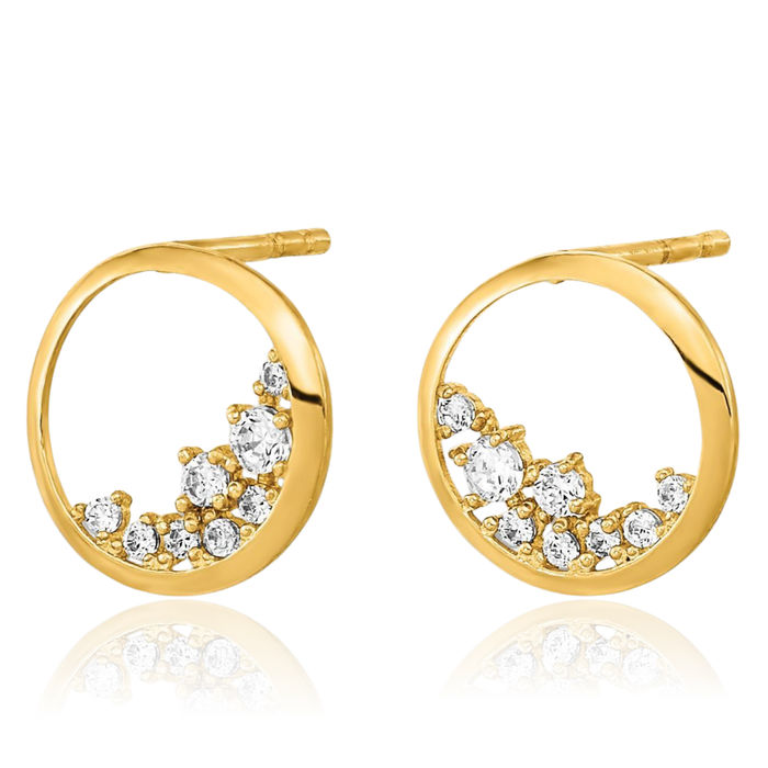 14K Solid Yellow Gold Circle Round Cubic Zirconia CZ Stud Earrings