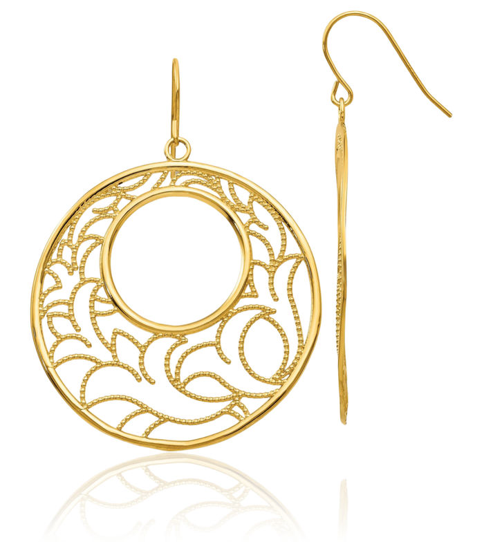 14K Solid Yellow Gold Circle Round Drop Dangle Earrings