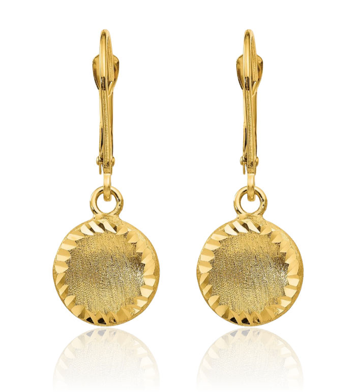 14K Solid Yellow Gold Circle Round Drop Dangle Earrings