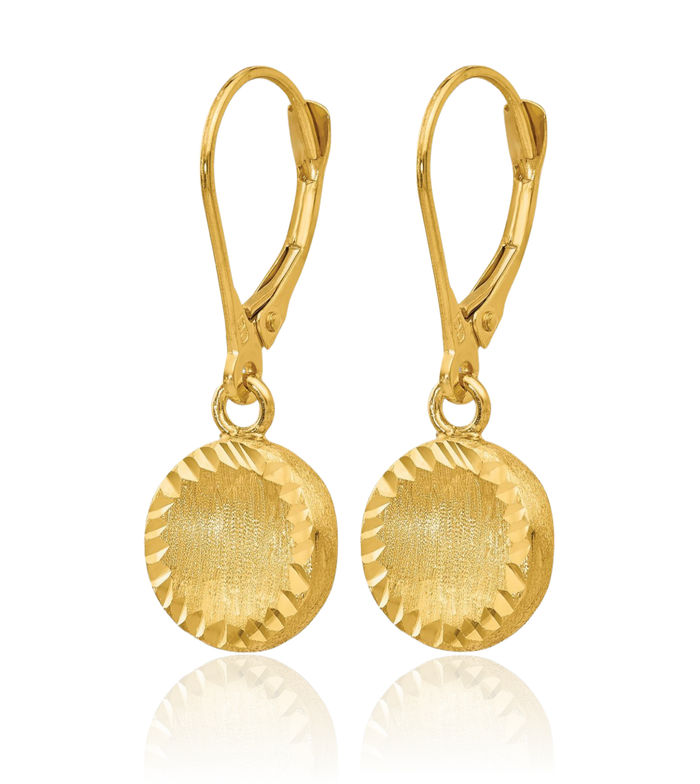 14K Solid Yellow Gold Circle Round Drop Dangle Earrings