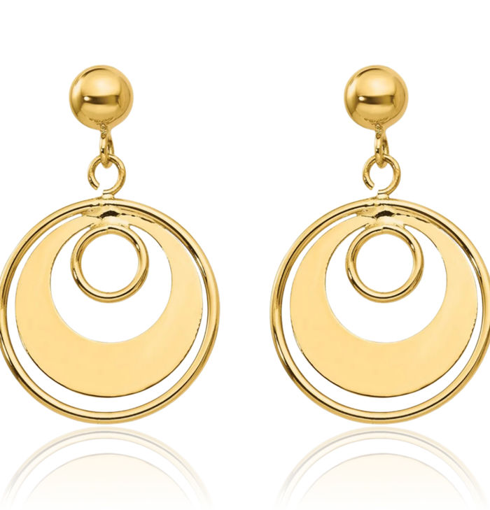 14K Solid Yellow Gold Circle Round Drop Dangle Earrings