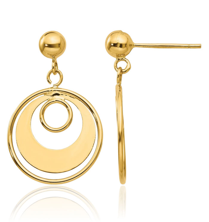 14K Solid Yellow Gold Circle Round Drop Dangle Earrings