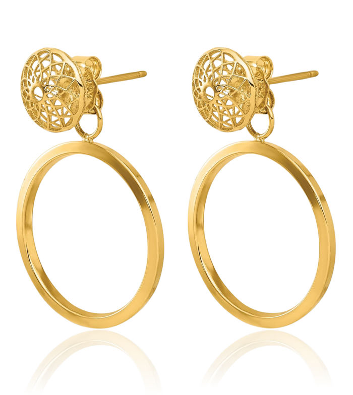 14K Solid Yellow Gold Circle Round Drop Dangle Earrings