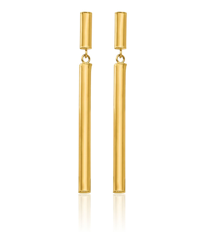 14K Solid Yellow Gold Round Tube Line Bar Drop Dangle Earrings