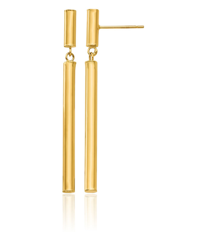 14K Solid Yellow Gold Round Tube Line Bar Drop Dangle Earrings