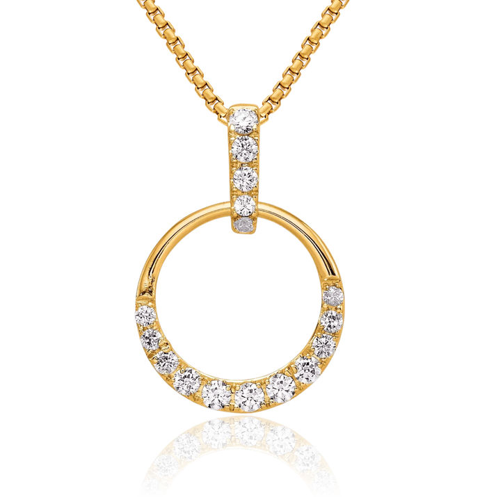 14K Solid Yellow Gold Circle Round Diamond Necklace Chain Pendant Charm