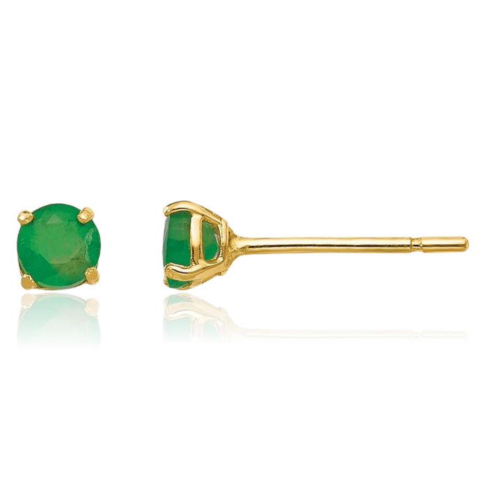 14K Solid Yellow Gold Round Green Emerald 3mm Studs Gemstone Earrings May Birthstone Jewelry