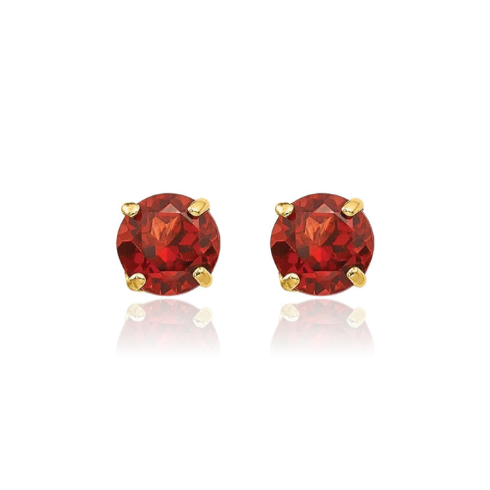 14K Solid Yellow Gold Round Red Garnet 4mm Stud Earrings