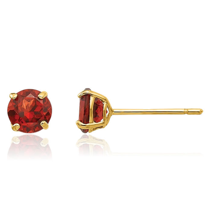 14K Solid Yellow Gold Round Red Garnet 4mm Stud Earrings