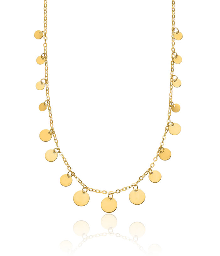 14K Solid Yellow Gold Circle Round Geometric Disc Station Necklace Chain