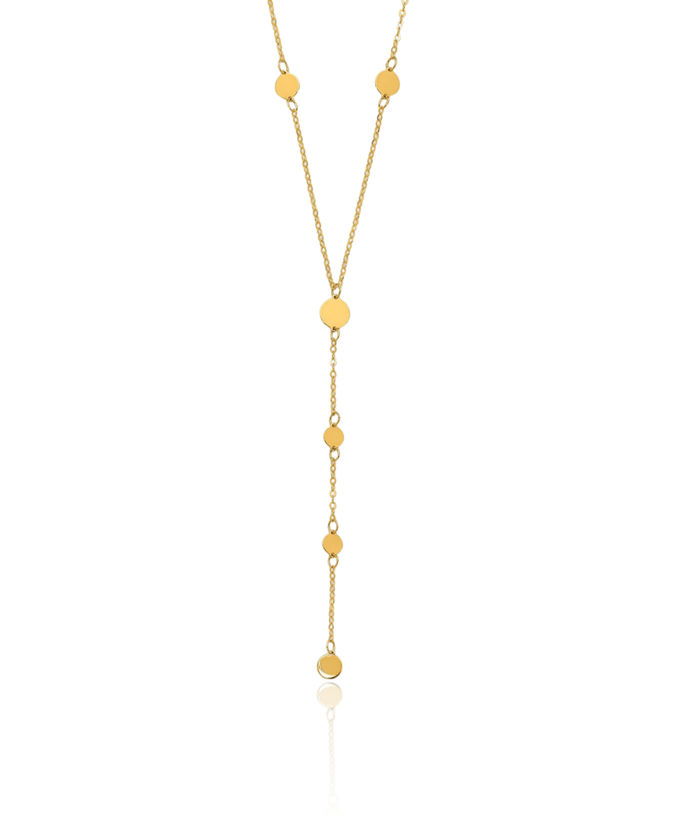 14K Solid Yellow Gold Circle Round Geometric Disc Station Y Drop Necklace Chain