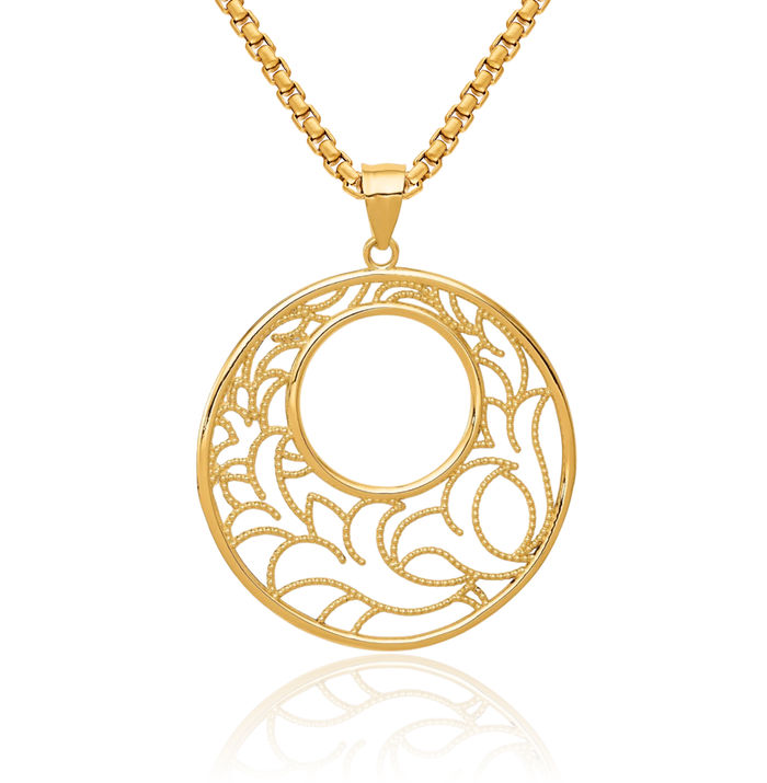 14K Solid Yellow Gold Circle Round Geometric Necklace Chain Pendant Charm