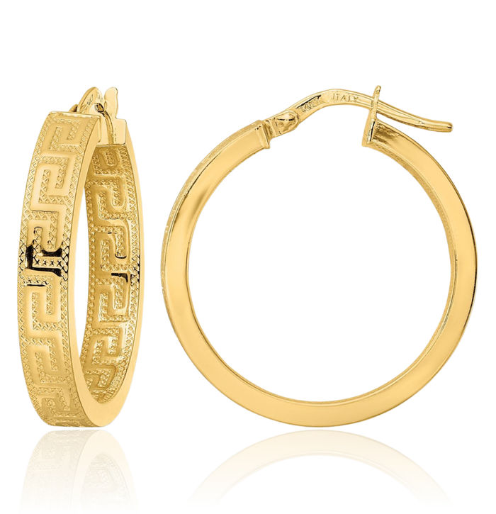 14K Solid Yellow Gold Round Greek Key Medium Hoop Earrings